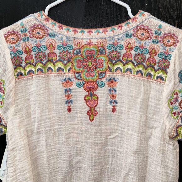 Johnny Was Workshop Tamia Boho Drape Top Size S Peach Floral Embroidered Cotton - Picture 8 of 9